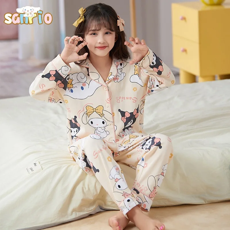 

Sanrio Kuromi Cinnamoroll Long Sleeve Pajamas Girl Thin V-Neck Kits Spring and Fall Pure Cartoon Cotton Cute Anime Suite Gift