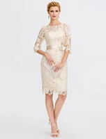 champagne column lace mother of the bride dress plus size elegant illusion neck half sleeves knee length bridal party gown 2022