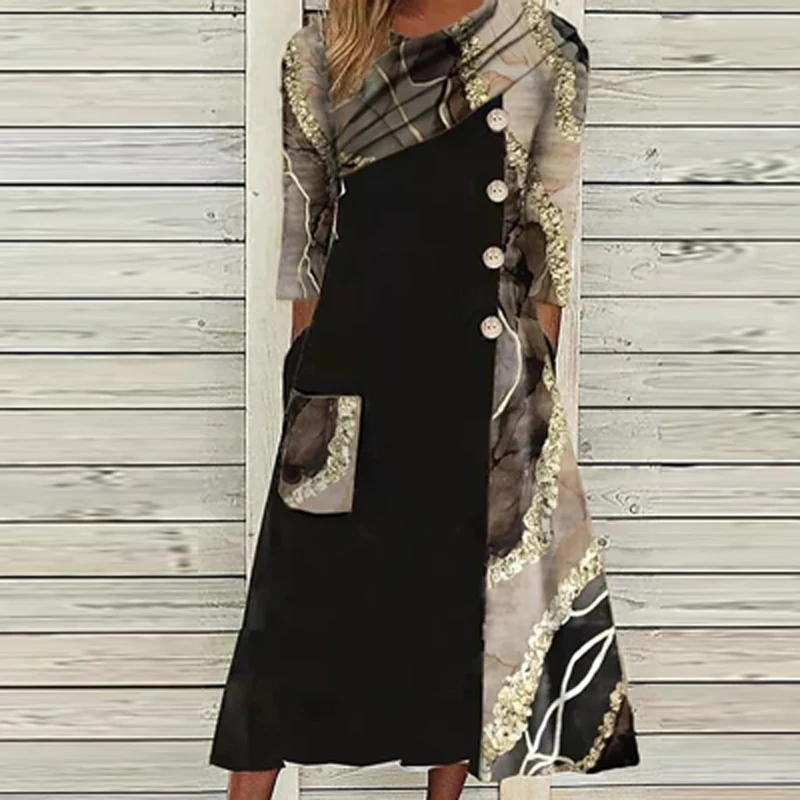 

Женское праздничное платье на пуговицах с воротником-шарфом, блестящее платье-пуловер в стиле пэчворк с принтом, осенние платья Бохо с длин...