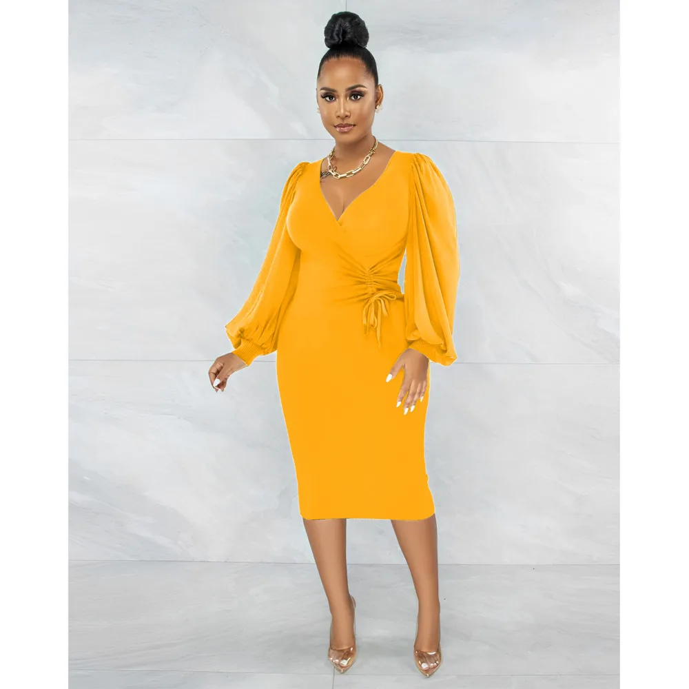 

Elegant Winter Office Dress Ladies Chic V Neck Puff Long Sleeve Midi Bodycon Dress For Women New Arrival 2023 Spring OL Clothes