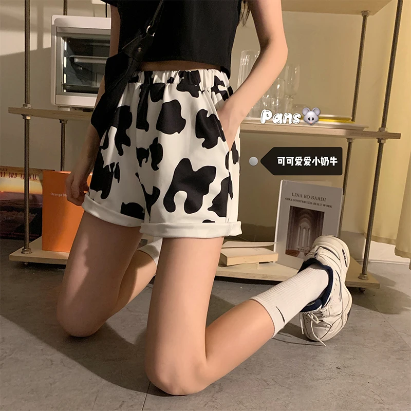 Summer High Waist Thin Cow Print Shorts Women A-line Wide Leg Casual Sweet Cool Shorts 2021 New Women's Pants Short for Girls