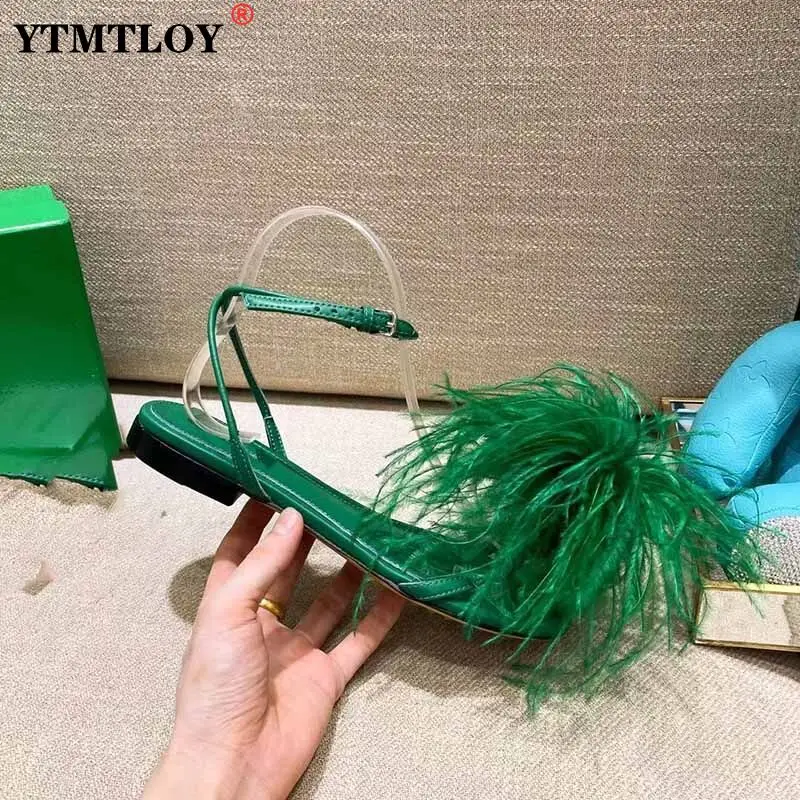 

Sexy Fur Flat Women Sandals Narrow Band Clip-on Leather Party Wedding Shoes Fluffy Feather Runway Shoes Zapatos Para Mujer 6