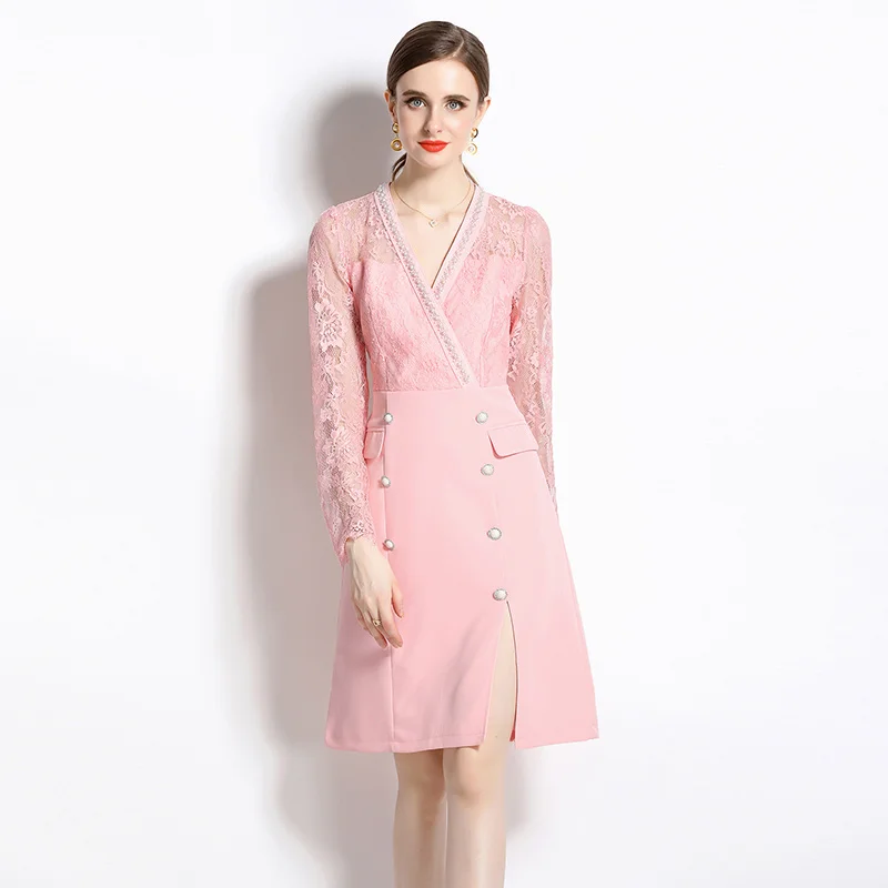 

Женское деловое коктейльное платье Young Gee, розовое платье для работы и офиса с V-образным вырезом, кружевное платье знаменитости с цветочным принтом и разрезом сбоку, весна-осень