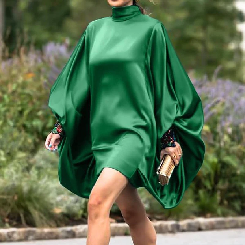 

Женское атласное мини-платье с круглым вырезом, длинным рукавом-фонариком