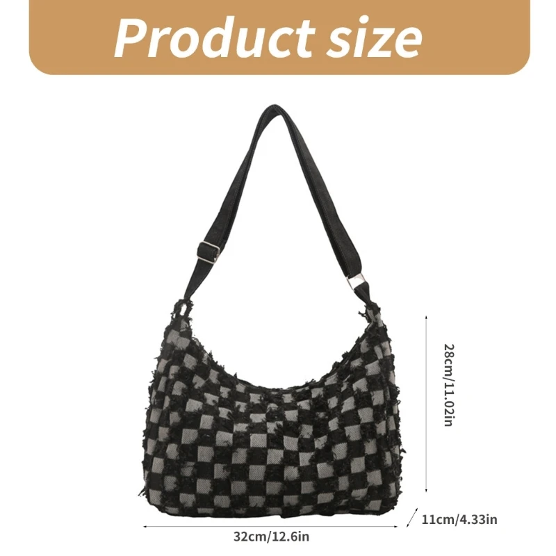 Практичная большая сумка через плечо женская джинсовая клетчатая потертая