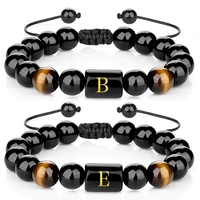 fashion natural black onyx stone bracelet initial letters bracelet tiger eye beaded bracelets braided rope bangles handmade jewe