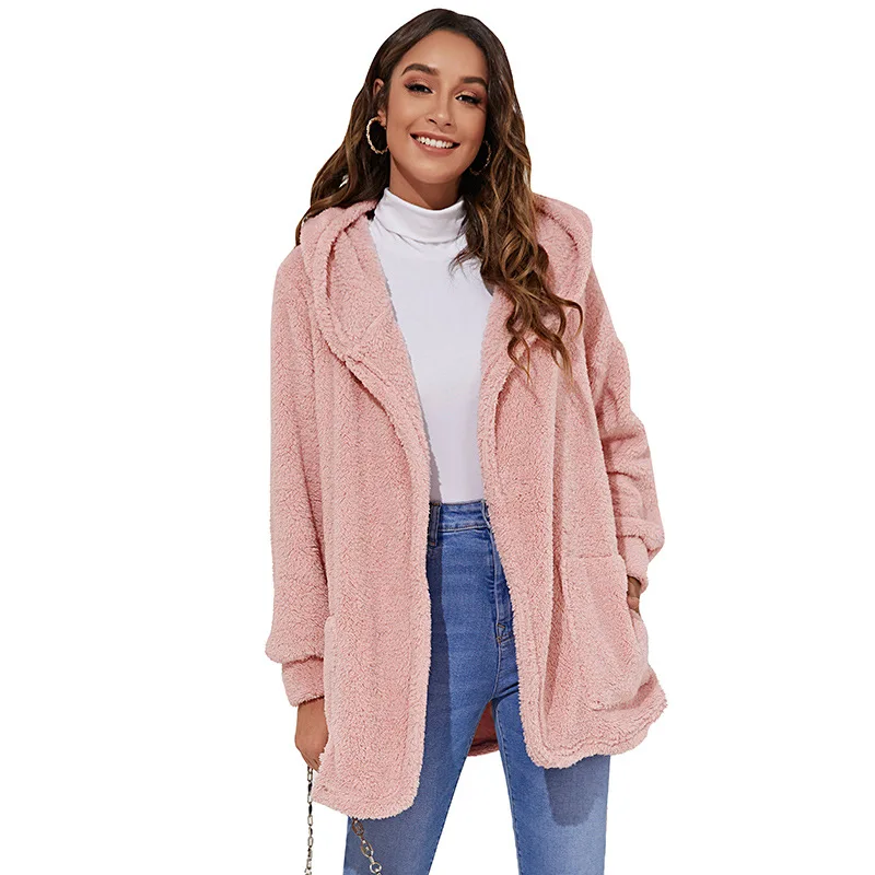 Autumn Winter 2022 Warm Plush Hooded Jackets Women's Faux Fur Coats Vintage Loose Thick Casual Jacket Women