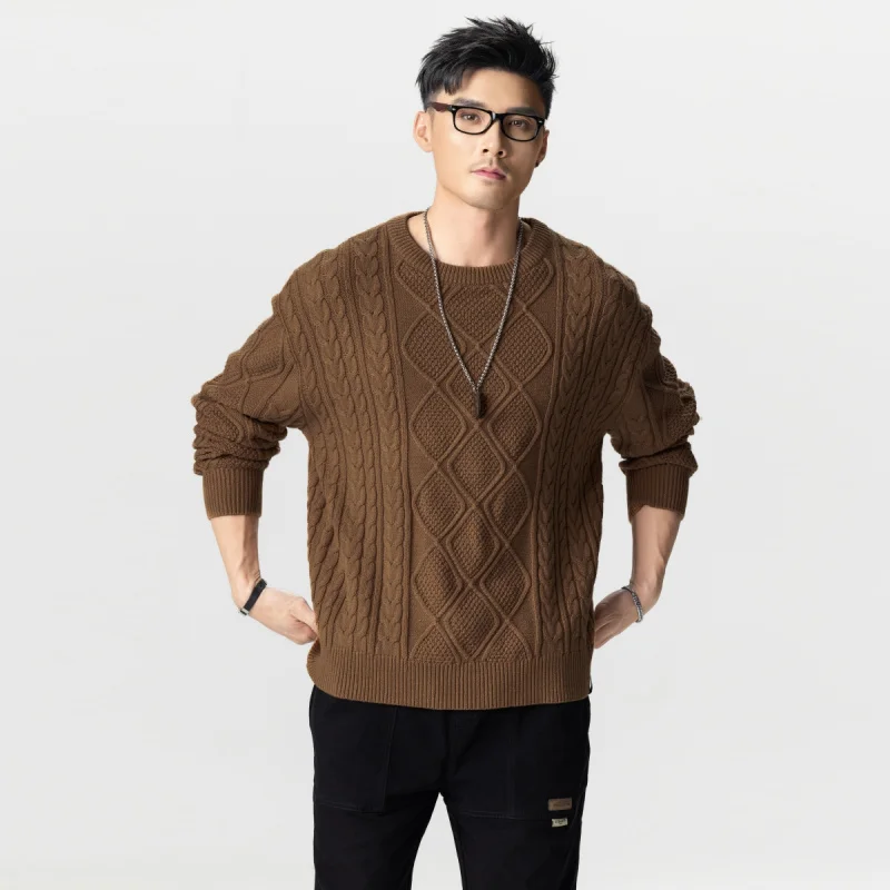 American retro knit sweater men loose round neck twisted casual tops lazy wind versatile Large size