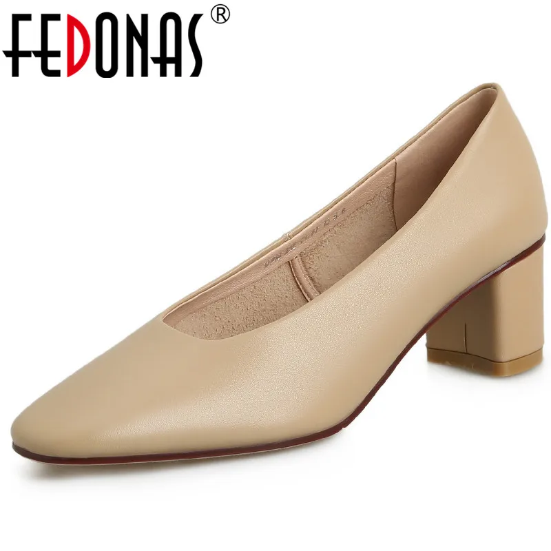 

FEDONAS Elegant Concise Women Soft Genuine Leather Pumps 2022 Spring Autumn Basic Office Ladies Party Thick Heels Shoes Woman
