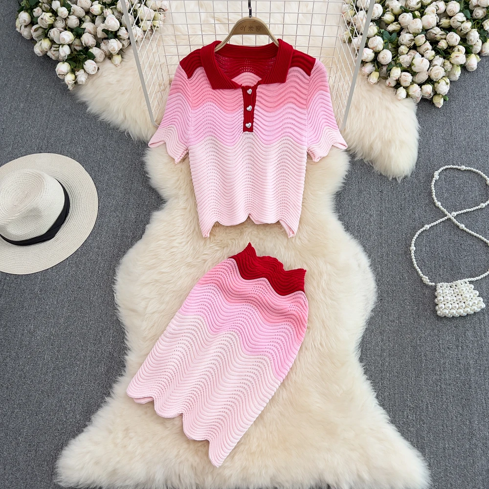 

VANOVICH Fashion Women's Contrast Color POLO Collar Short-sleeved Hollow Out Knitted Top High Waist Slim Skirt Two-piece Set