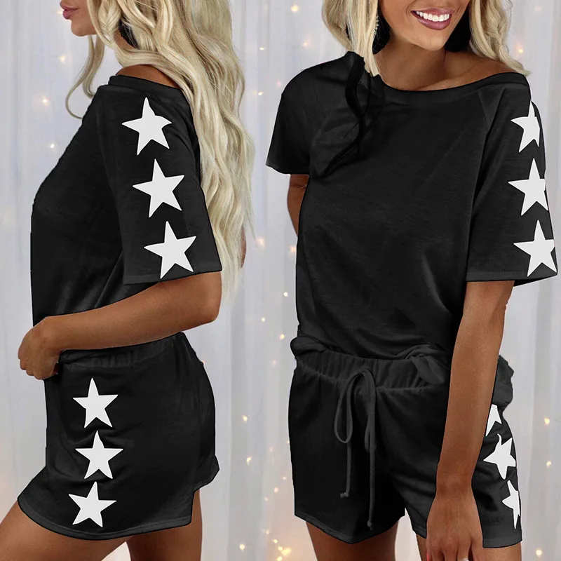2022 Newest Summer T-Shirt Five Star Printed Short Sleeve Round Neck Fashion Casual Suit Home Clothes Pajamas Set for Women