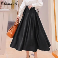 vintage belt high waist slim fit a line skirt womens 2022 summer new fashion solid color all matching umbrella skirt ladies
