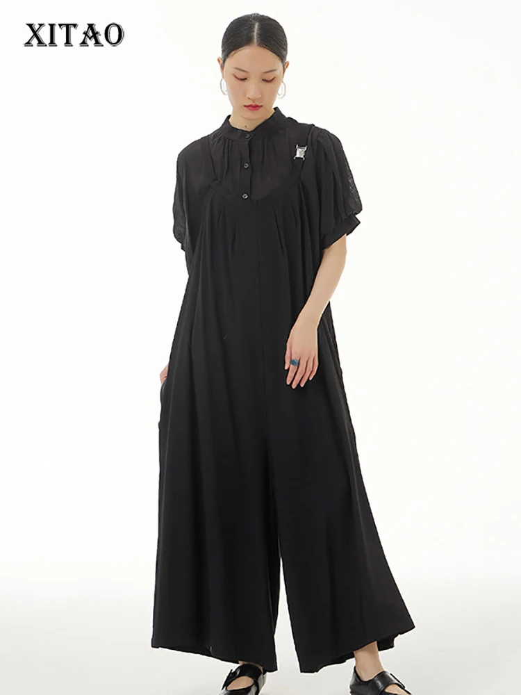 

XITAO Casual Suspenders Pants Jumpsuits Fashion Simplicity Solid Color Loose Folds O-neck All-match Wide Leg Pants WMD7235