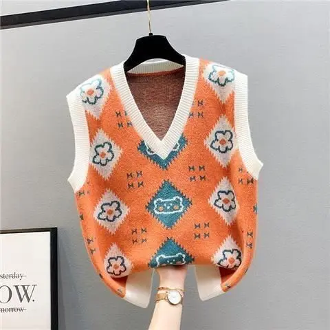 

Women's Vest Sweater V-neck Sleeveless Spliced Vest Korean Loose Pullover Waistcoat Trending Sweater Autumn and Winter Top T318