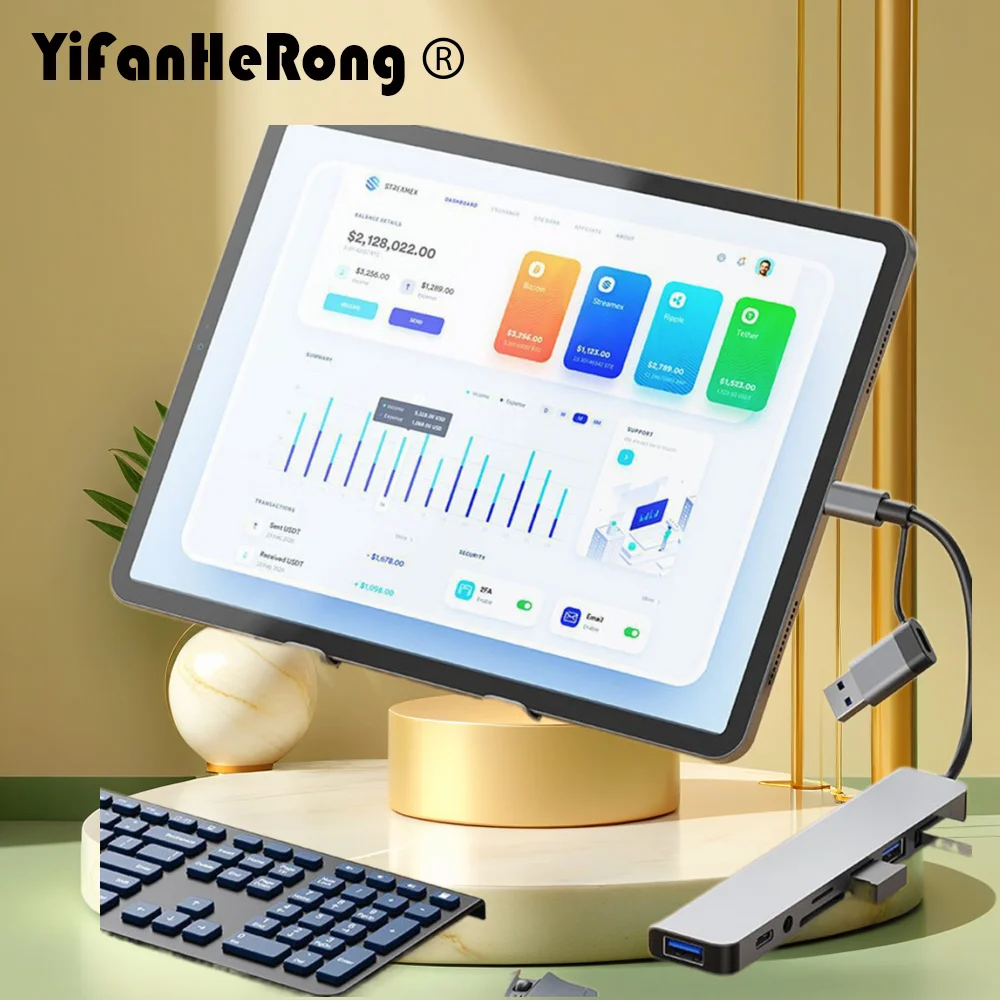 Фото USB-хаб 8-в-5 с 2 портами USB Type-C, док-станция USB-C на USB 3.0 для MacBook Pro, для Switch, разветвитель USB-C Type-C 3.0 №1