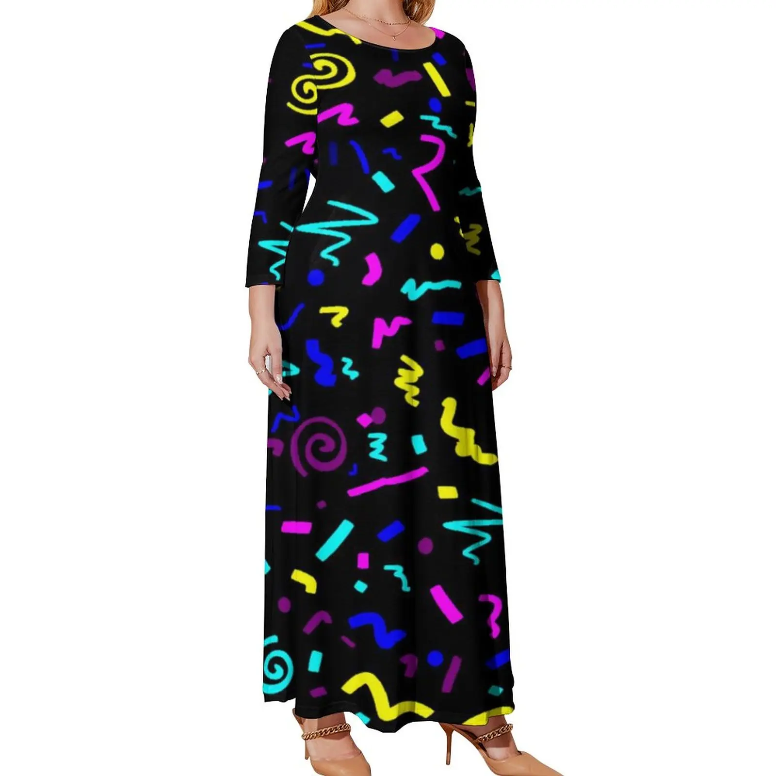 Vintage 80S Inspired Dress Women Colorful Geometric Print Elegant Maxi Dress Street Wear Bohemia Long Dresses Clothing Plus Size