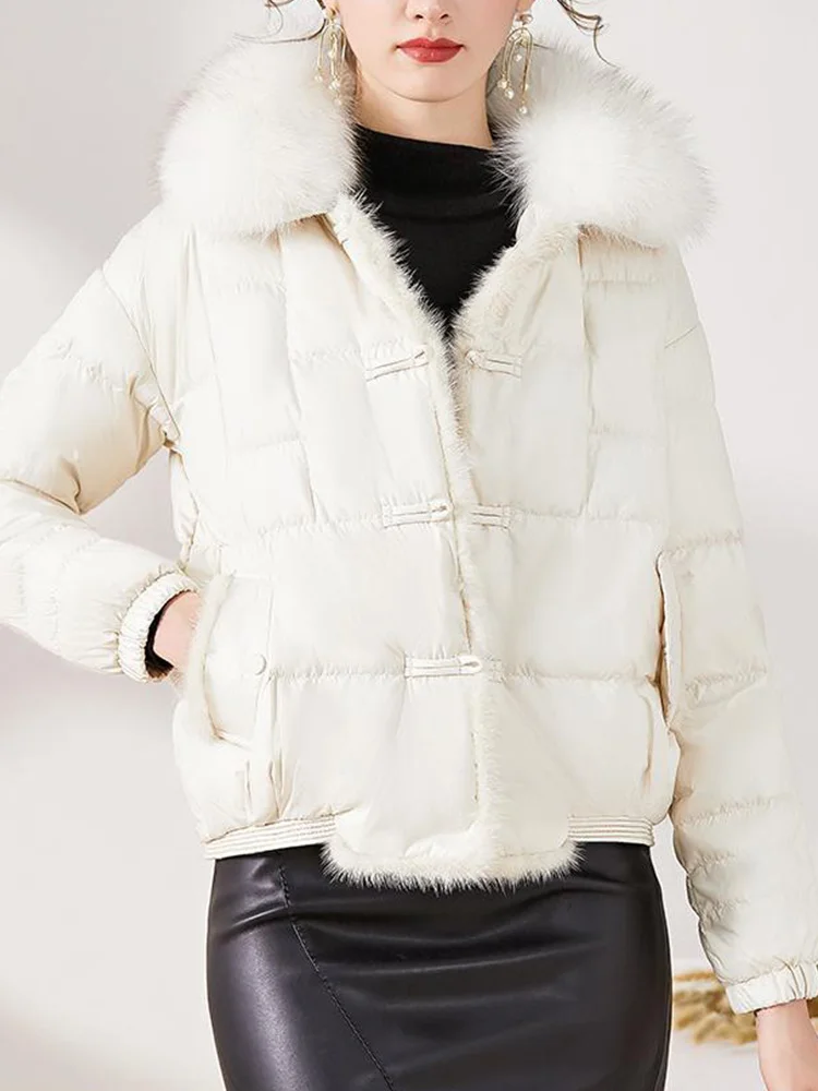 New Winter Real Fox Fur Collar Light Feather Jacket Women Fashion 90% White Duck Down Coat Single Breasted Warm Outwear