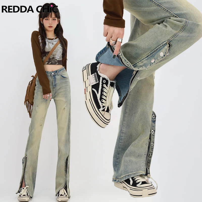 

Женские рваные прямые джинсы REDDACHiC, брюки-карандаш с завышенной талией и разрезом сбоку, уличная одежда, 2022