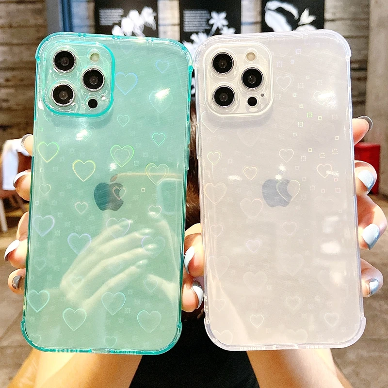 

Soft Love Heart Flowers Laser Phone Case For iPhone 11 12 13 Pro Max 7 8 Plus XR X XS MAX SE 2020 Mini Transparent Bumper Cover