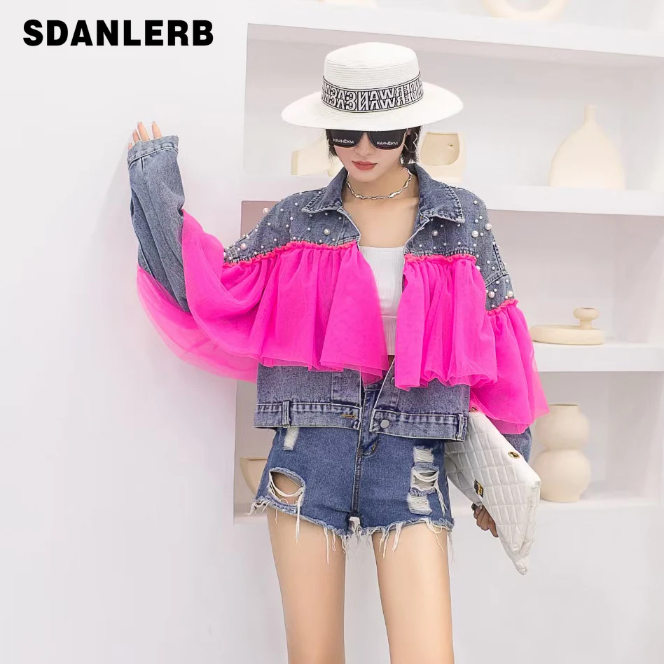 

European Station 2022 Spring Fashion Brand Heavy Coat Embroidery Sequins Stitching Mesh Batwing Sleeve Loose Denim Jacket Women