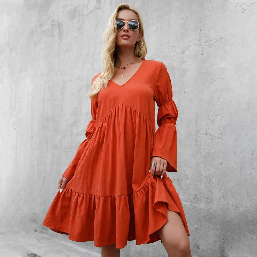 

Womens Summer Plus Size Short Sleeves Midi Boho Holiday Dress Plain Solid Color V Neck Casual Loose Vintage Dresses