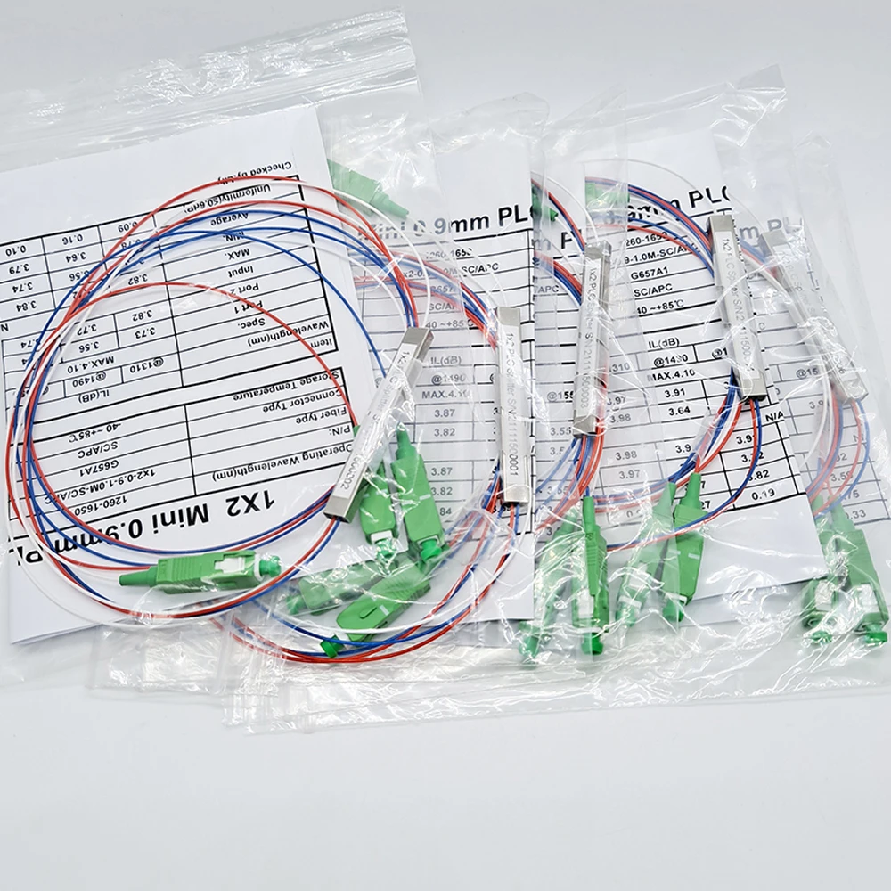 10 PCS/Lot 1X2 1X4 1X8 1X16 1X32 PLC SC/APC SM Single Mode 0.9mm G657A1 LSZH 1m FTTH Fiber Optic Splitter