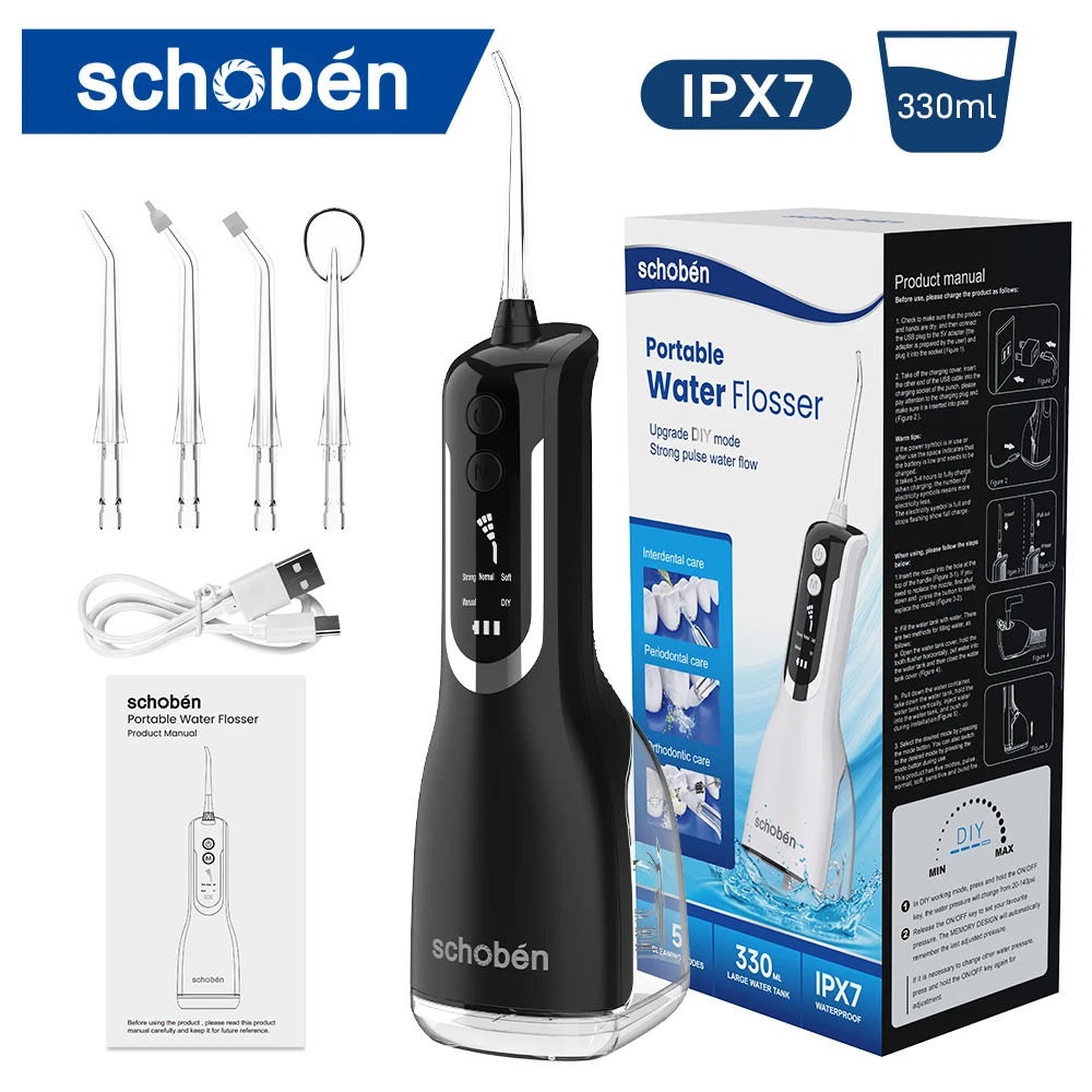 

Schoben Oral Irrigator Portable IPX7 Waterproof Rechargeable 5 Modes Dental Water Flosser Teeth Cleaner 330ML Dental Water Jet