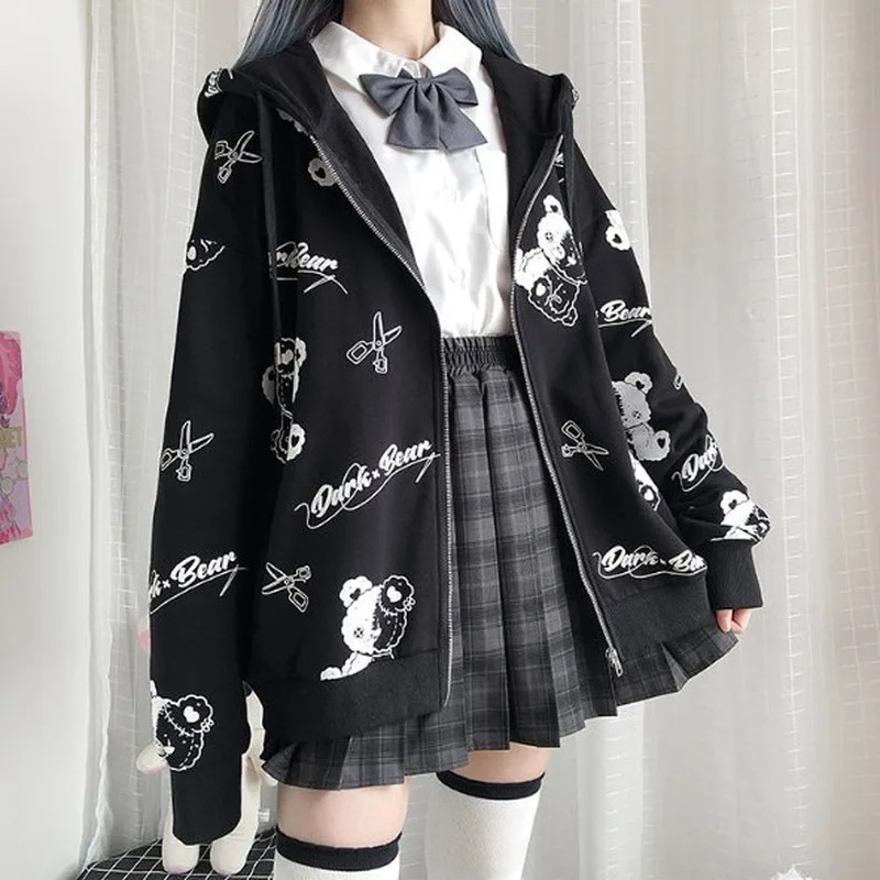 

2021 Long Sleeve Zip Up Hoodie Japanese Cute Tops Clothes Ins Women Fashion Spring Preppy Kawaii Hoodies Gothic Coat Sweatshirt