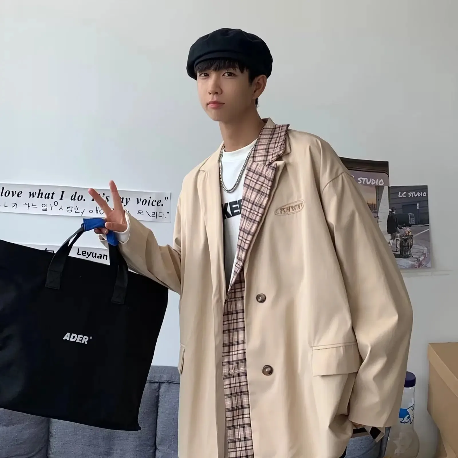 Spring Autumn Men's Loose-fit Trendy Korean Style Suit Elegant Vintage Western-style Clothes Plaid Casual Top Jacket