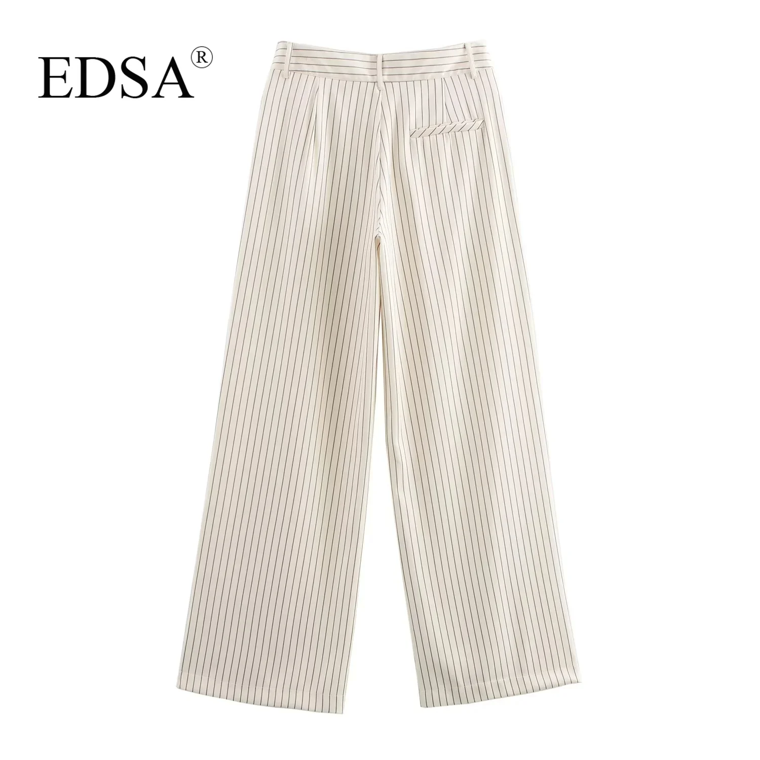 Женские полосатые длинные брюки EDSA офисные с высокой талией и боковыми карманами