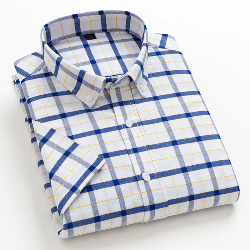 Men's Summer Clothing Casual Short Sleeve Cotton Oxford Shirt Single Patch Pocket Standard-fit Button-down Plaid Striped Shirts