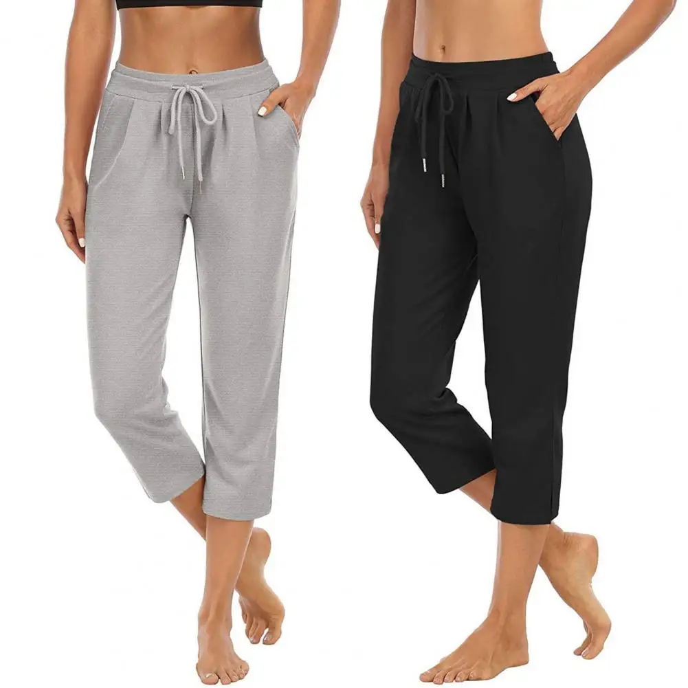 

Cropped Trousers Soft Bottoms Loose Solid Color Drawstring 3/4 Pants Capri Pants for Fitness
