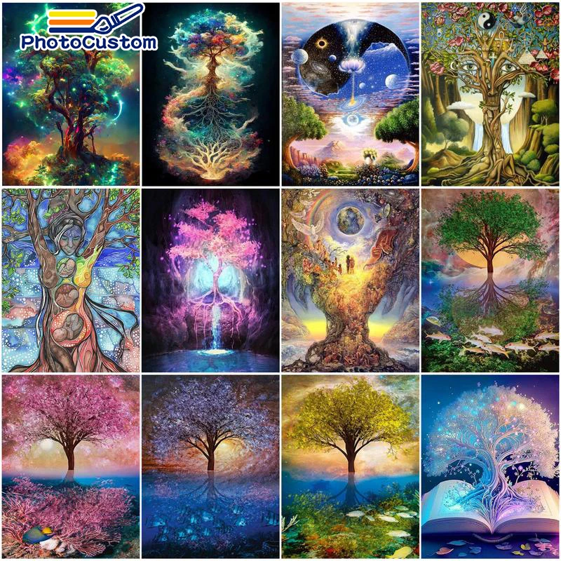 

PhotoCustom 60x75cm Oil Painting By Numbers Forest Tree DIY Paint By Numbers On Canvas Home Decor Frameless Digital Paintings
