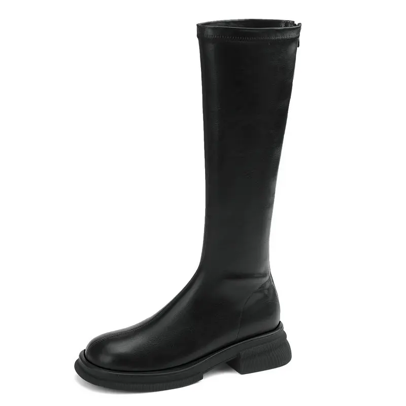 

Сапоги до колена из натуральной кожи на толстом среднем каблуке, модные облегающие высокие мотоциклетные сапоги с молнией сзади, новинка 2023, повседневные сапоги