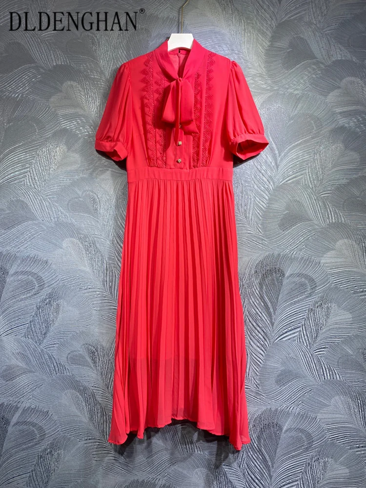 

DLDENGHAN Spring Summer Women Midi Dress Lace Up Collar Short Sleeve Lace Patchwork Vintage Pleated Dresses Fashion Runway New
