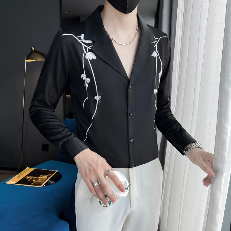 2022 Embroidery V-neck Men's Shirts Casual Business Dress Shirt Fashion Social Camisa Masculina Party Tuxedo Blouse Men Clothing