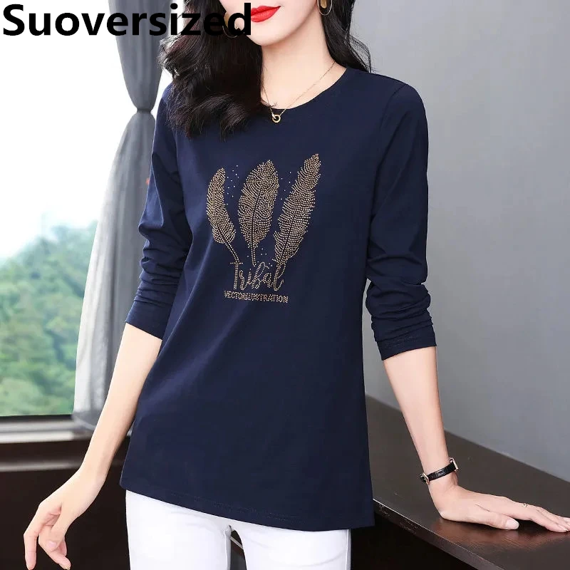 

Casual Oversized 5xl Diamonds T-shirts For Women Spring Fall O Neck Casual Long Sleeve Tops Loose Solid Mom's Bottomed Tees