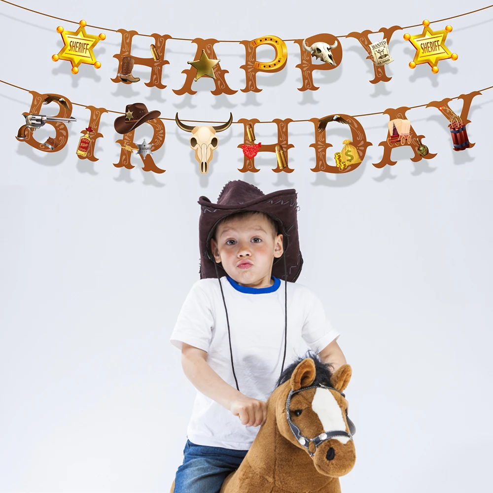 

Cartoon Animal Cow Cowboy Wild West HAPPY BIRTHDAY Party Wall Backdrops Hanging Banner Sheriff Game Baby Shower Party Decoration