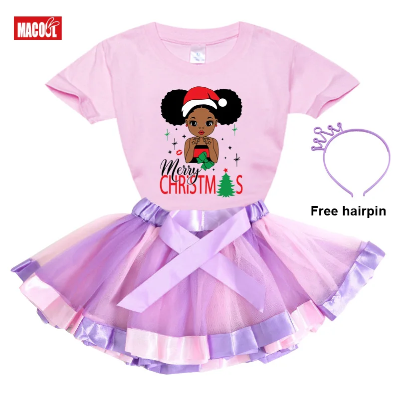 

Girl Customization Dress Party Dress Black Princess Girl Short Printed Cartoon T-shirt+Skirt+Hairpin Christmas Present Dress