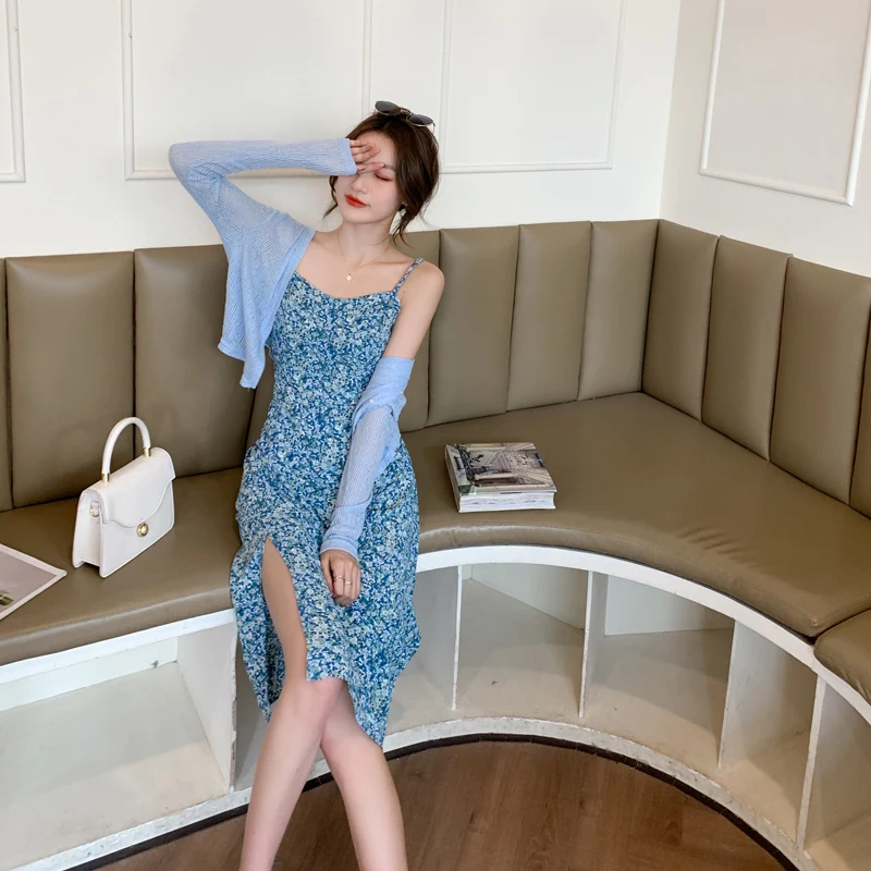 

Women Summer 2 Two Piece Set Korean Style Long Sleeve Knitted Cardigan and Sexy Slit Floral Spaghetti Strap Chiffon Dress Suits