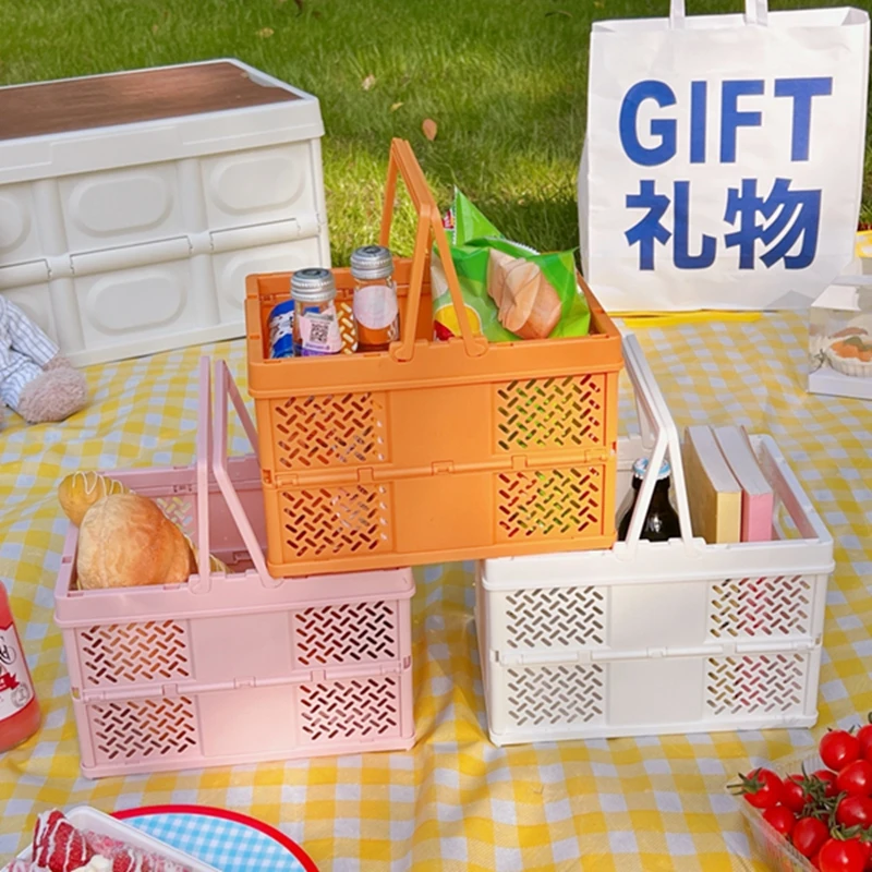

Plastic Picnic Basket Case Folding Student Desktop Basket Tape Stationery Foldable Container Storage Box Dirty Clothes Casket