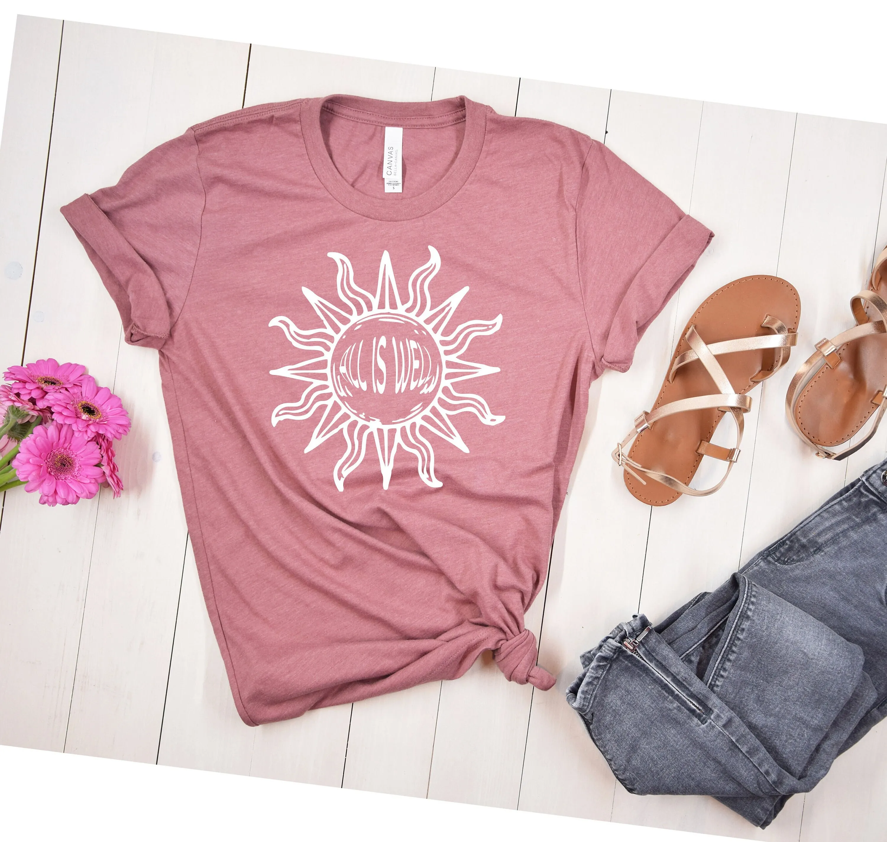 Футболка All Is Well женская мягкая стильная мотивация комфорт солнца цвета улыбка