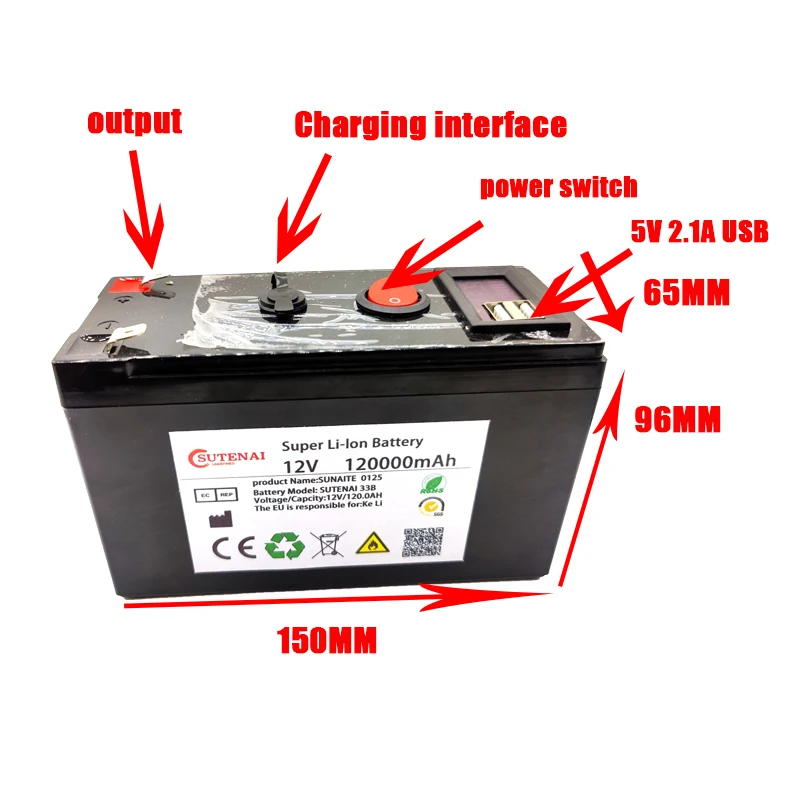 New 12V 120000MAh Portable And Rechargeable 18650 Battery Built-In 5V 2.1A USB Power Display Charging Port With + 12.6V Charger