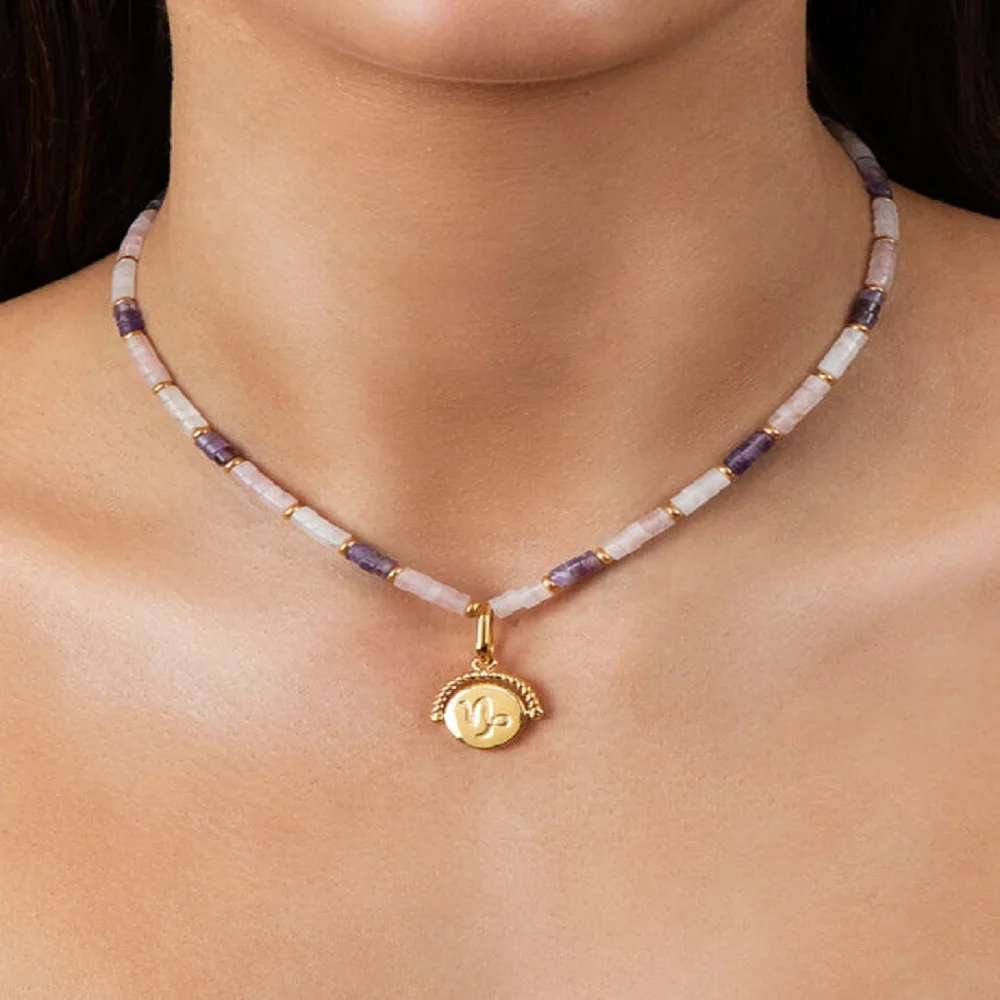 

Zodiac Coin Pastel Quartz Beaded Necklace Stainless Steel Pendant Choker For Women Charming Chain Neck Accessories Jewelry Gift