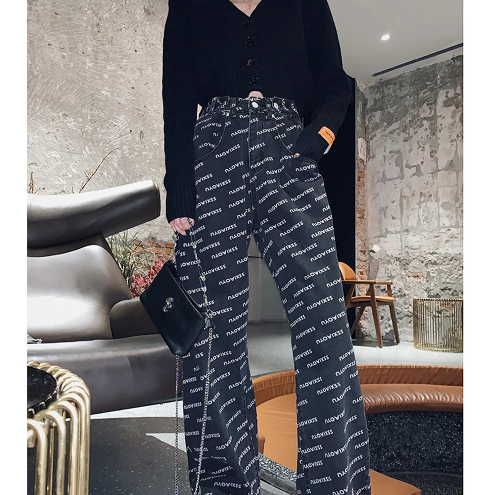 

Gothic Mom Jeans High Waist 2021 New Straight Loose Mopping Pants Gray Letter Print Wide-leg Trousers 90s Aesthetic Streetwear
