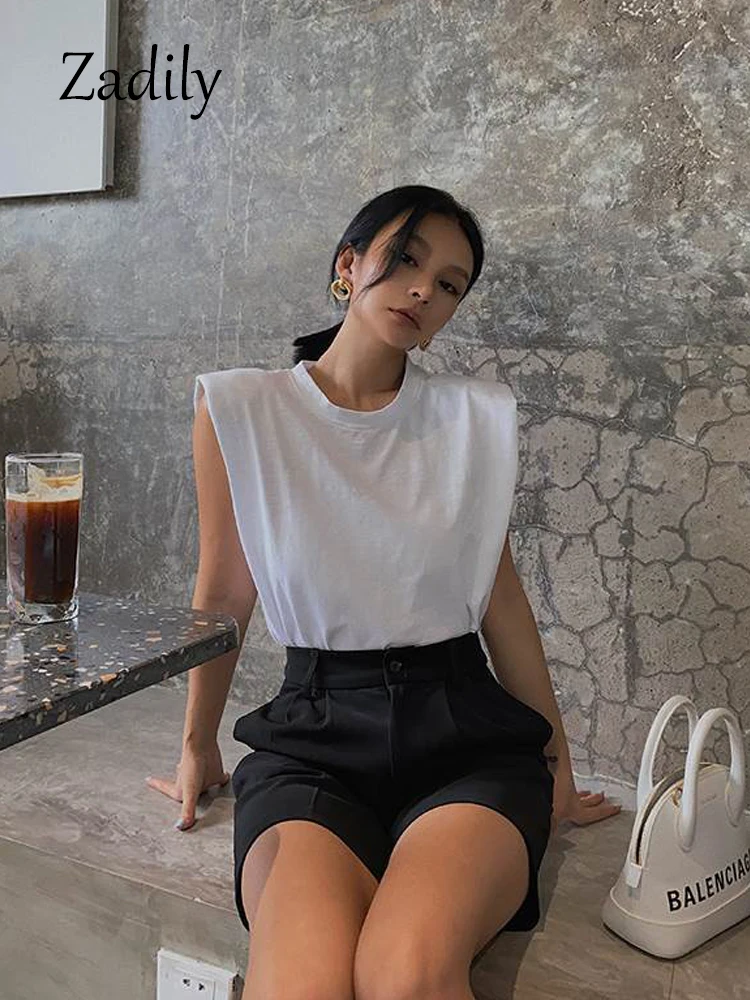 100% хлопок белая женская Футболка с рукавами минималистичные плечевые накладки