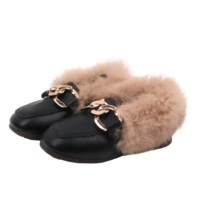 

Kids Shoes for Boys Girls Toddlers Little Children Casual Flats Winter Warm Cotton Fluffy Fur Winter Metal Chains Loafers 21-30