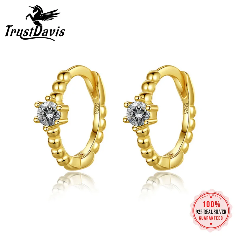 

TrustDavis Geometric Beads Twinkling CZ Hoop Earring S925 Sterling Silver Earrings for Women Engagement Jewelry Accessory DA952