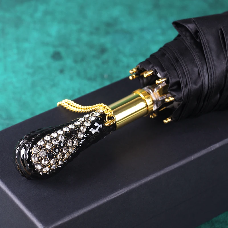 Черный деловой складной зонт роскошный с ручкой дрелью Солнцезащитный для