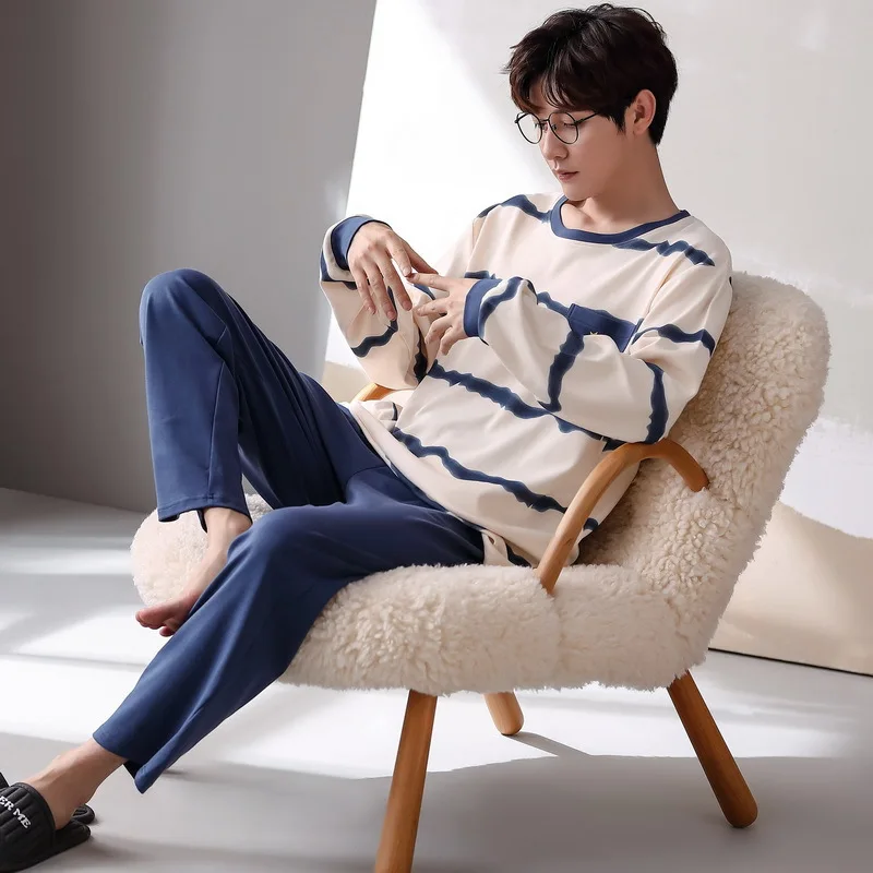 Yasuk Spring Autumn Fashion Women's Casual Soft Cotton Sleepwear Homewear Couple Pajamas Set With Pants Striped Couple Unisex